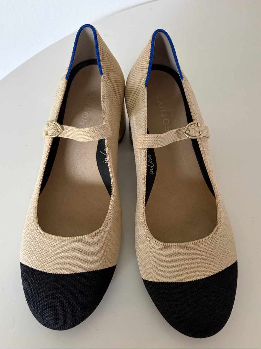 Rothy’s The Mary Jane Heel Cream Black Captoe Knit Block Heels Size 8.5